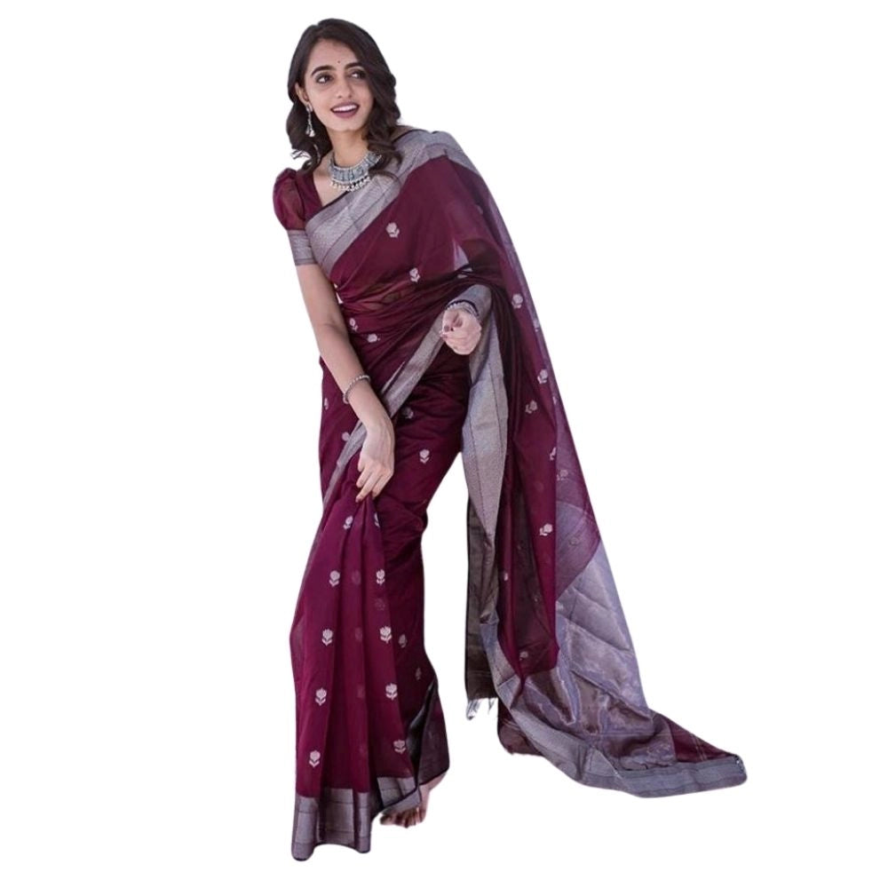 Women's Cotton Printed Saree With Unstitched Blouse 5.5 Mtr (Maroon)
