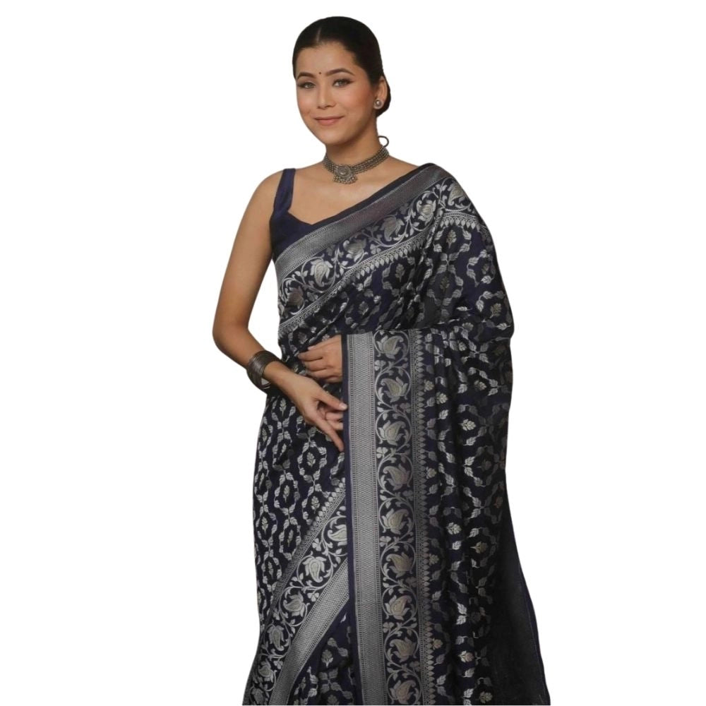 Women's Silk Printed Saree With Unstitched Blouse 5.5 Mtr (Navy Blue)