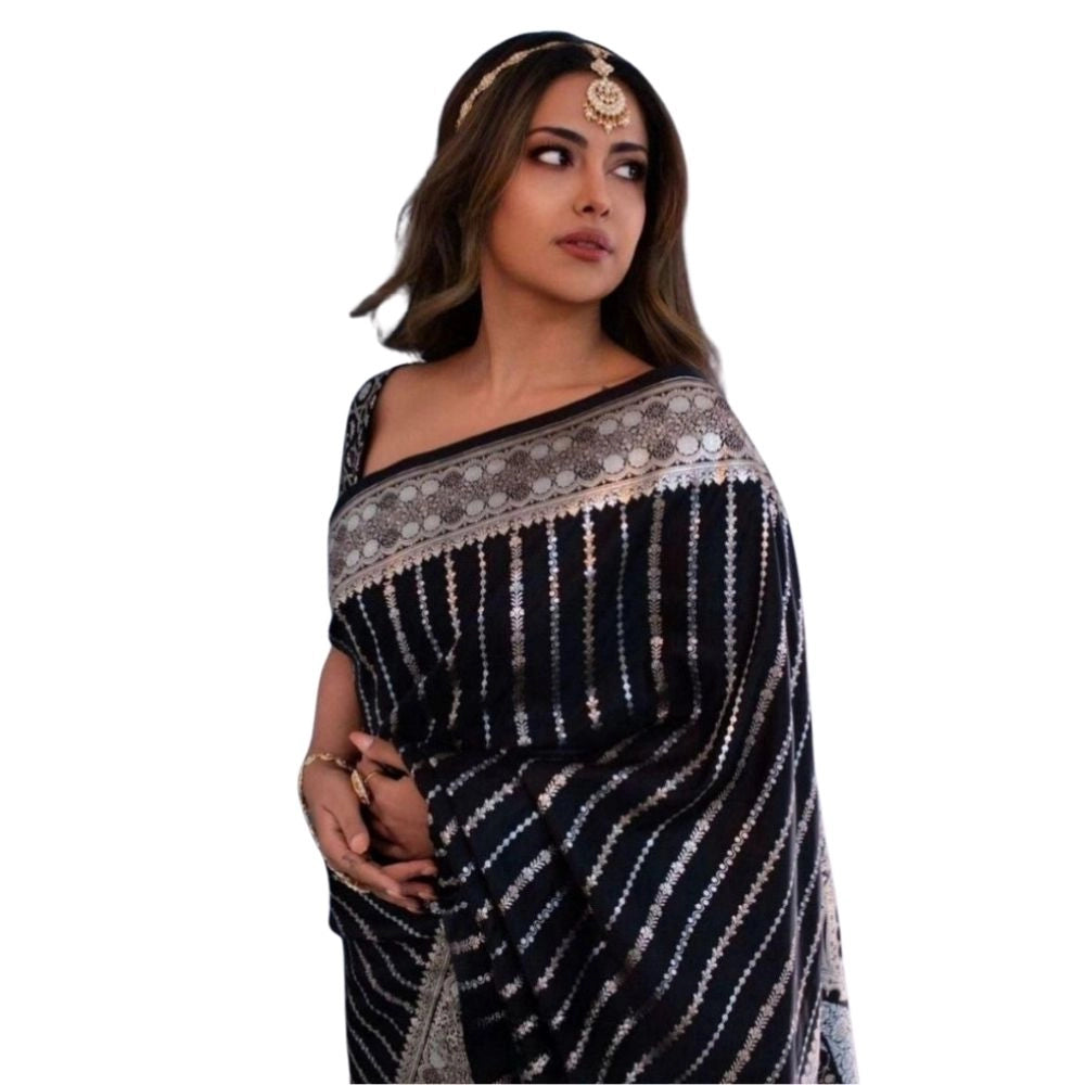 Women's Silk Printed Saree With Unstitched Blouse 5.5 Mtr (Black)