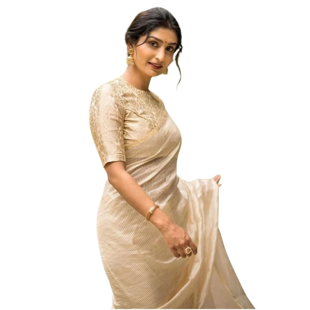 Women's Silk Printed Saree With Unstitched Blouse 5.5 Mtr (Off White)