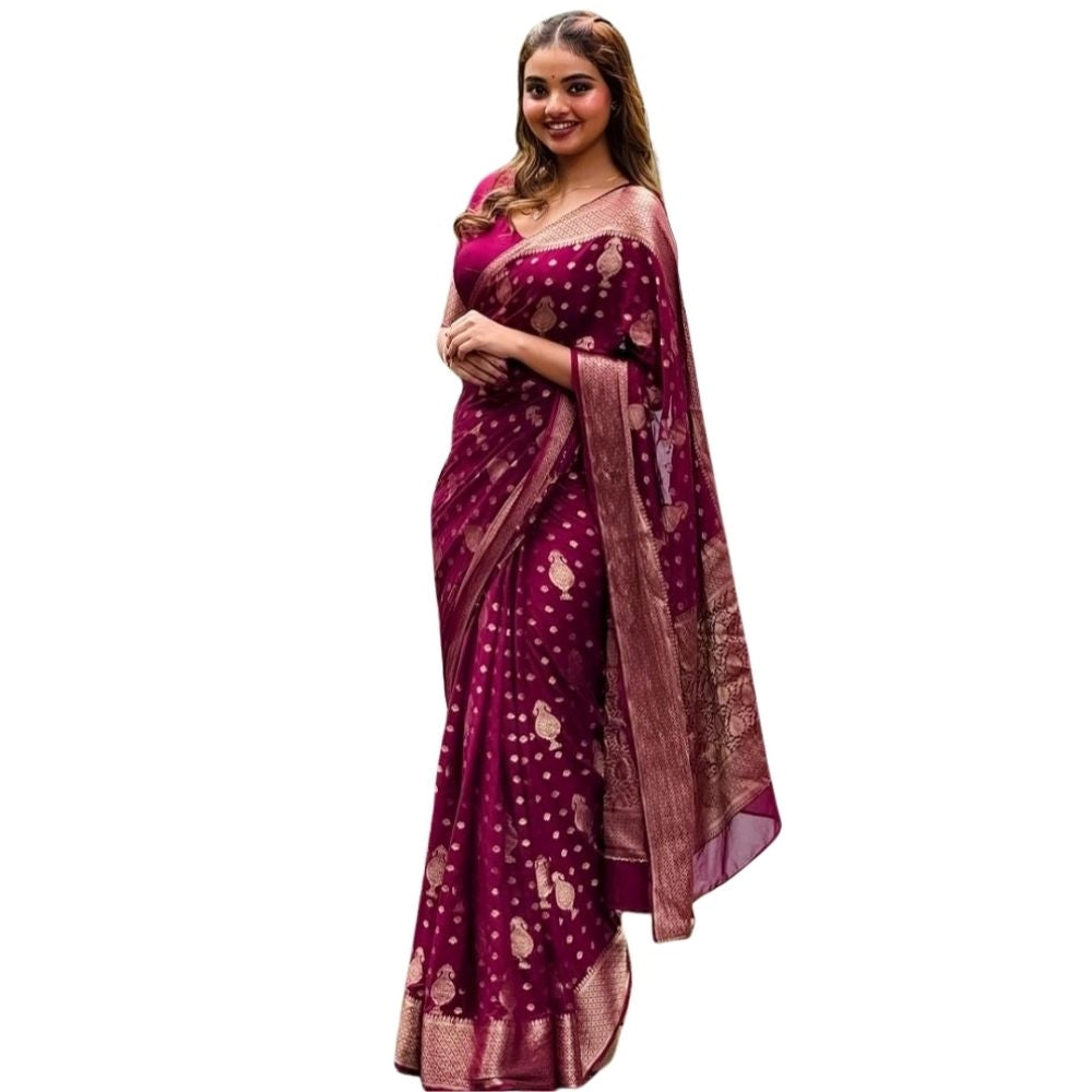 Women's Silk Printed Saree With Unstitched Blouse 5.5 Mtr (Wine)