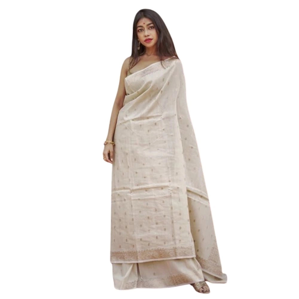 Women's Cotton Printed Saree With Unstitched Blouse 5.5 Mtr (Cream)