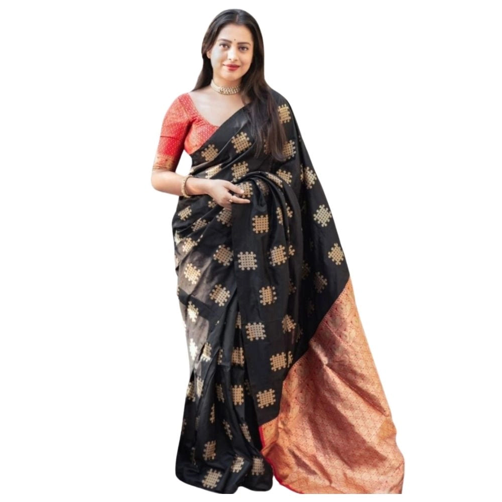 Women's Silk Printed Saree With Unstitched Blouse 5.5 Mtr (Blacl-Orange)