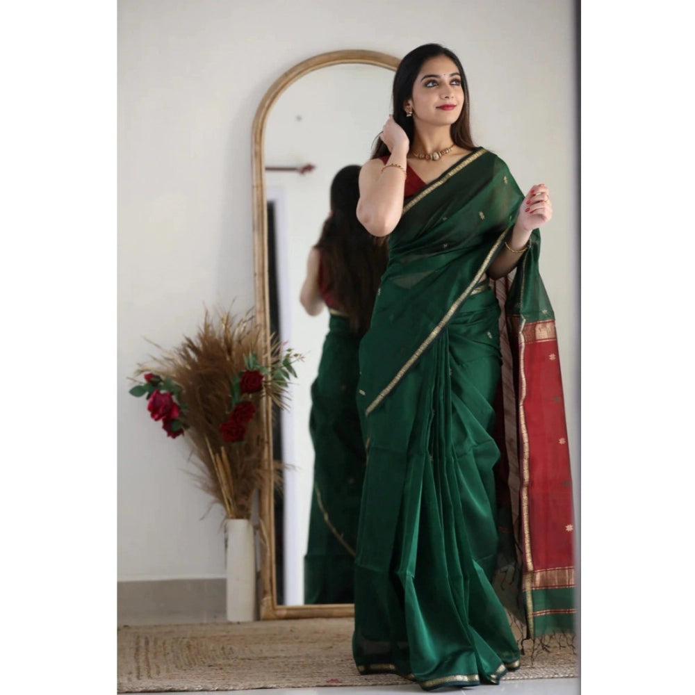 Women's Cotton Printed Saree With Unstitched Blouse 5.5 Mtr (Dark Green)