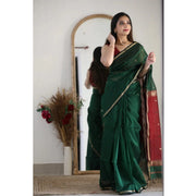 Women's Cotton Printed Saree With Unstitched Blouse 5.5 Mtr (Dark Green)