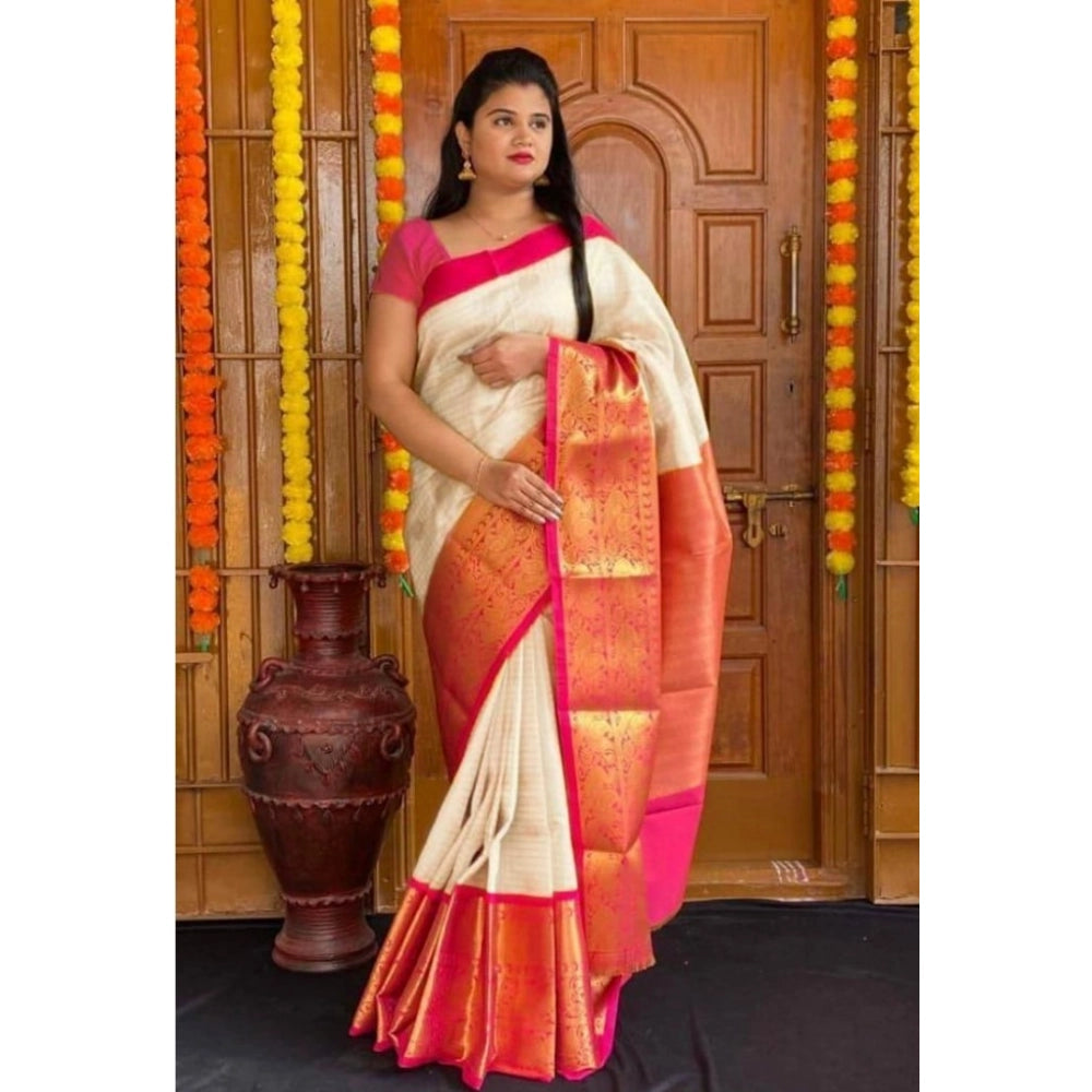 Women's Soft Lichi Silk Printed Saree With Unstitched Blouse 5.5 Mtr (Cream)