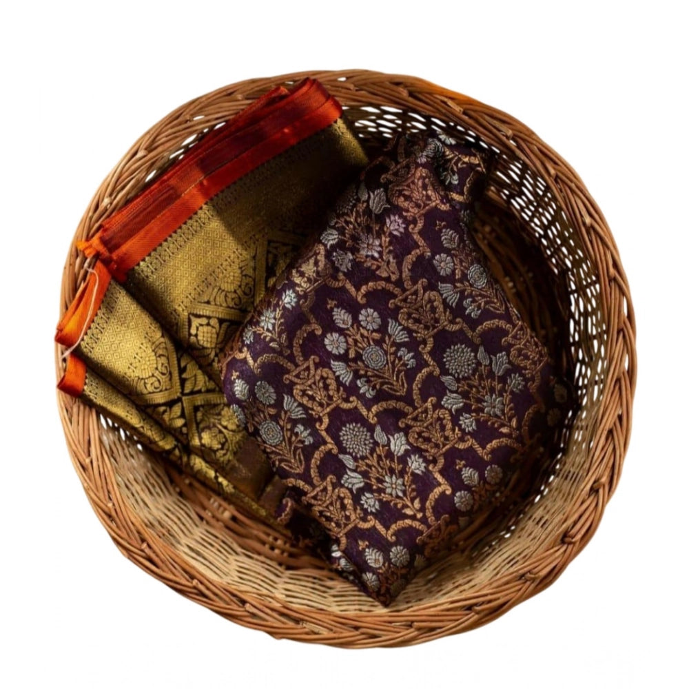 Women's Soft Lichi Silk Printed Saree With Unstitched Blouse 5.5 Mtr (Purple)