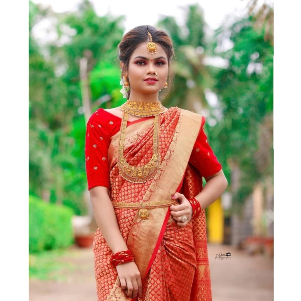 Women's Soft Lichi Silk Printed Saree With Unstitched Blouse 5.5 Mtr (Red)
