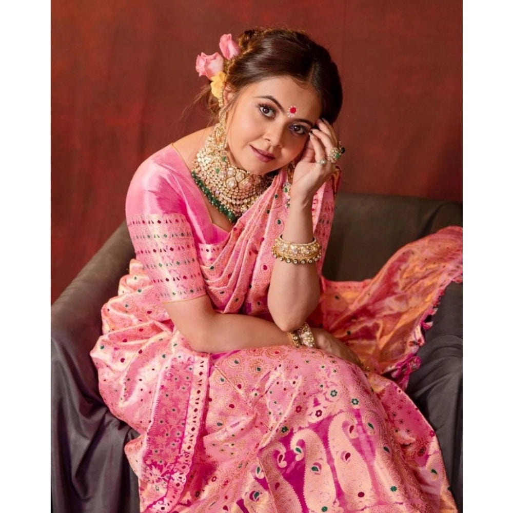 Women's Soft Lichi Silk Printed Saree With Unstitched Blouse 5.5 Mtr (Pink)