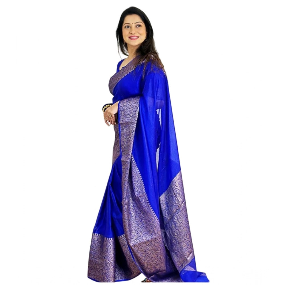 Women's Soft Lichi Silk Solid Saree With Unstitched Blouse 5.5 Mtr (Blue)