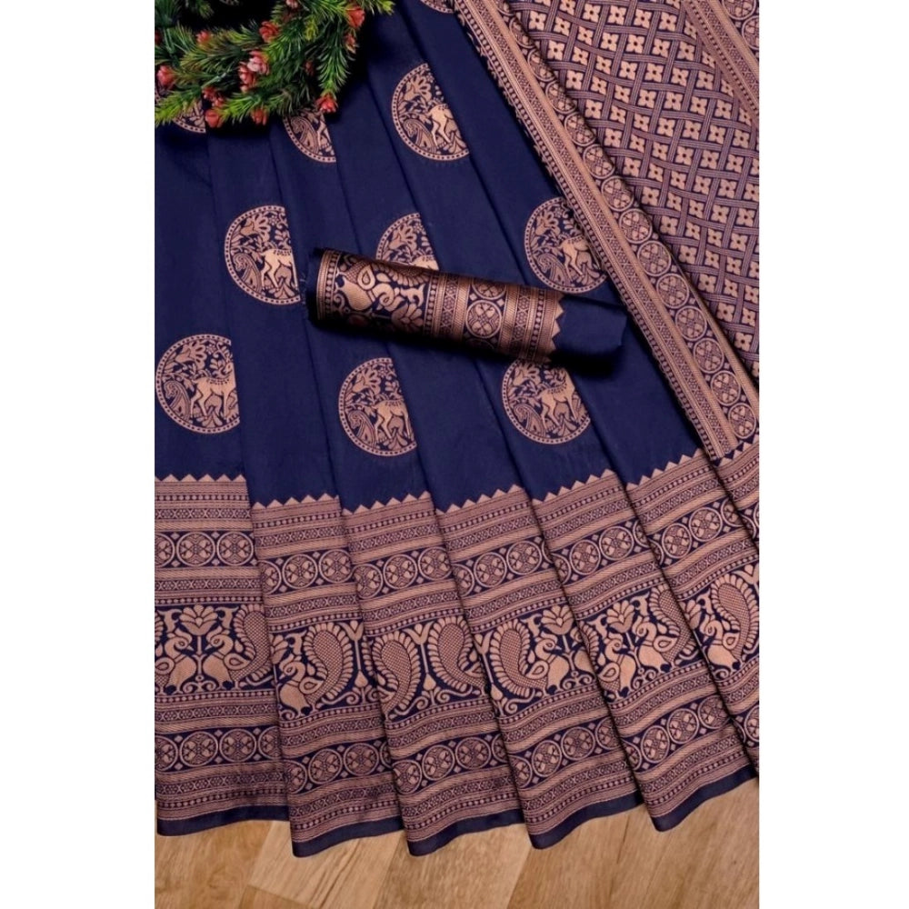 Women's Soft Lichi Silk Printed Saree With Unstitched Blouse 5.5 Mtr (Navy Blue)