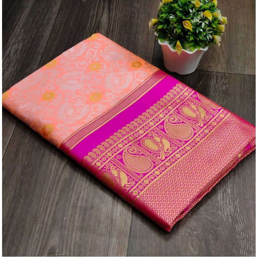 Women's Soft Lichi Silk Printed Saree With Unstitched Blouse 5.5 Mtr (Pink)