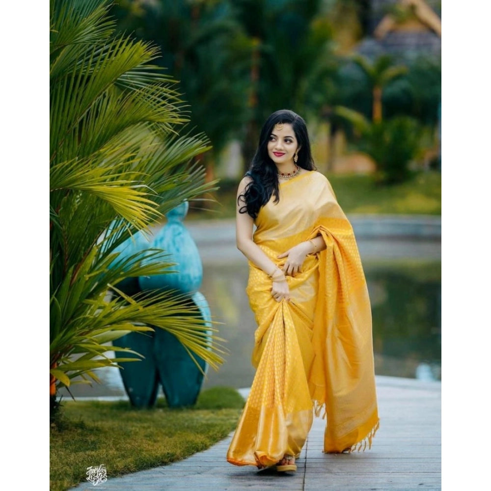 Women's Soft Lichi Silk Printed Saree With Unstitched Blouse 5.5 Mtr (Yellow)