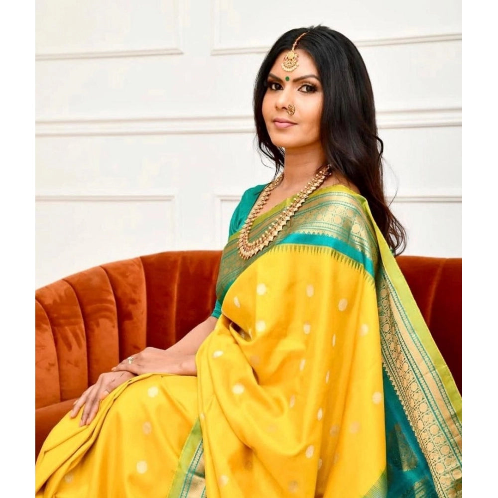 Women's Soft Lichi Silk Printed Saree With Unstitched Blouse 5.5 Mtr (Yellow)