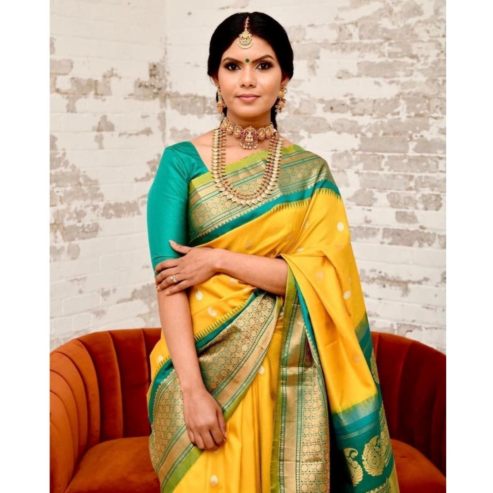 Women's Soft Lichi Silk Printed Saree With Unstitched Blouse 5.5 Mtr (Yellow)