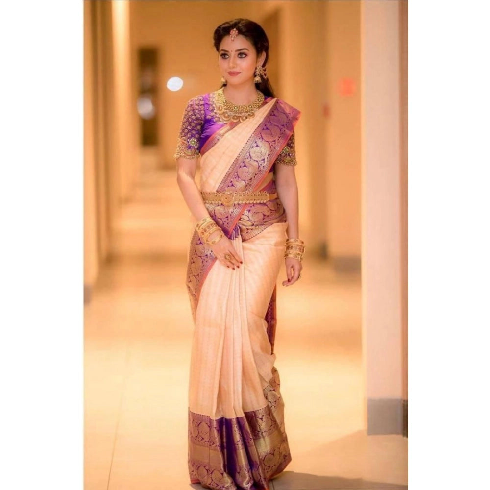 Women's Soft Lichi Silk Printed Saree With Unstitched Blouse 5.5 Mtr (Purple)