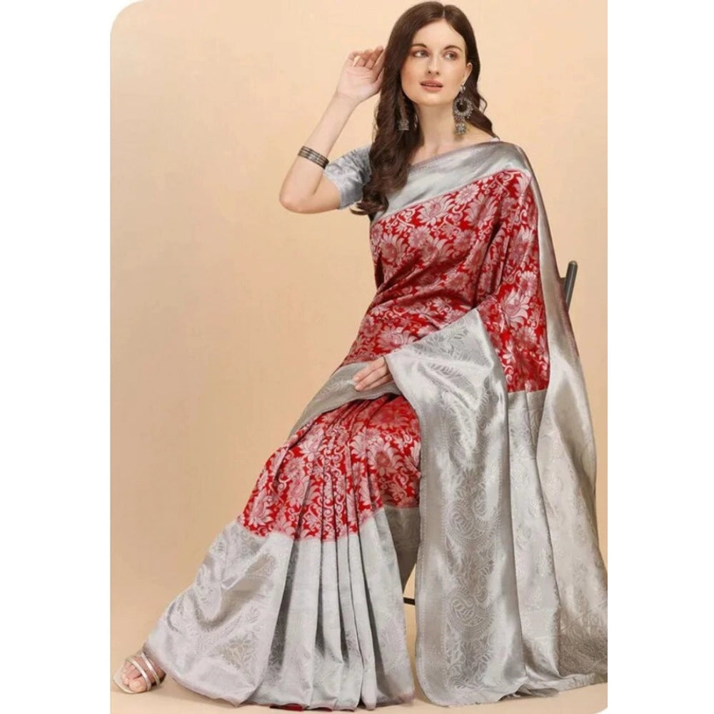 Women's Soft Lichi Silk Printed Saree With Unstitched Blouse 5.5 Mtr (Red)