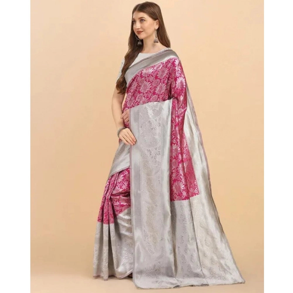 Women's Soft Lichi Silk Printed Saree With Unstitched Blouse 5.5 Mtr (Pink)