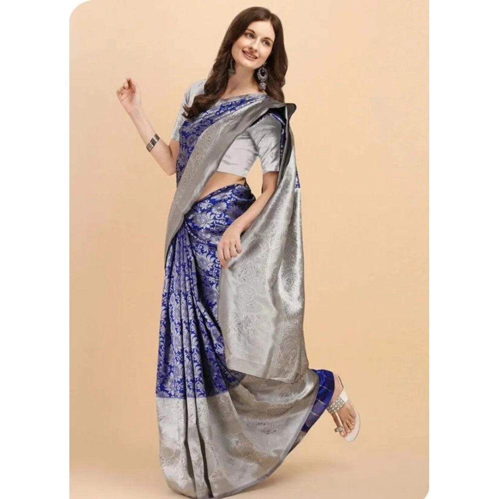 Women's Soft Lichi Silk Printed Saree With Unstitched Blouse 5.5 Mtr (Blue)