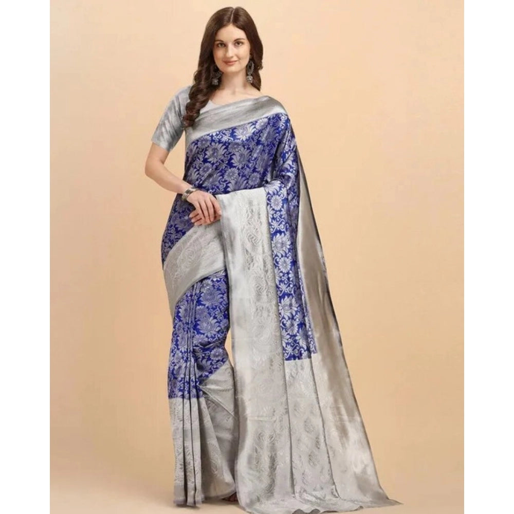 Women's Soft Lichi Silk Printed Saree With Unstitched Blouse 5.5 Mtr (Blue)