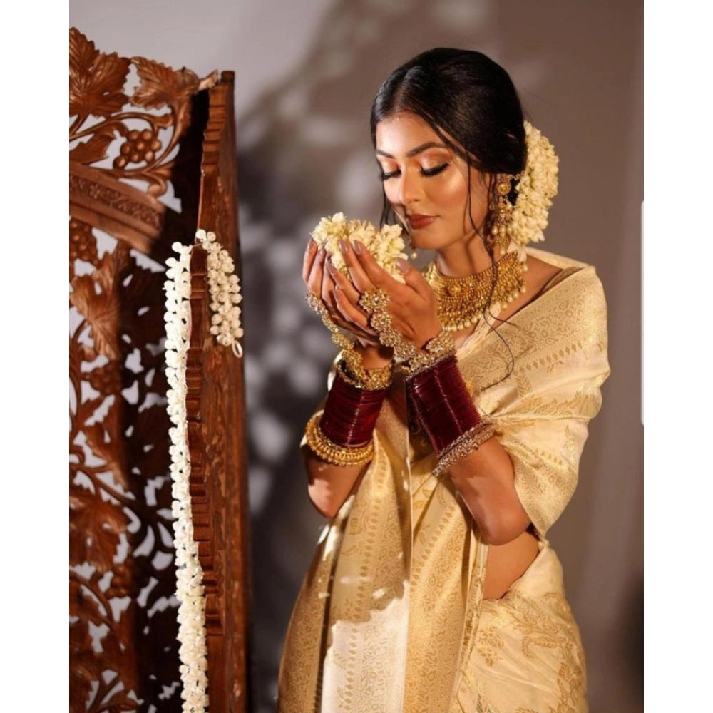 Women's Soft Lichi Silk Printed Saree With Unstitched Blouse 5.5 Mtr (Golden)