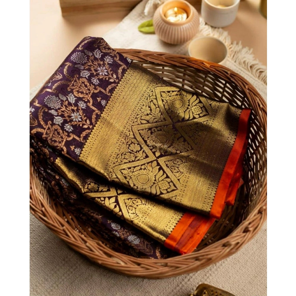 Women's Soft Lichi Silk Printed Saree With Unstitched Blouse 5.5 Mtr (Purple)