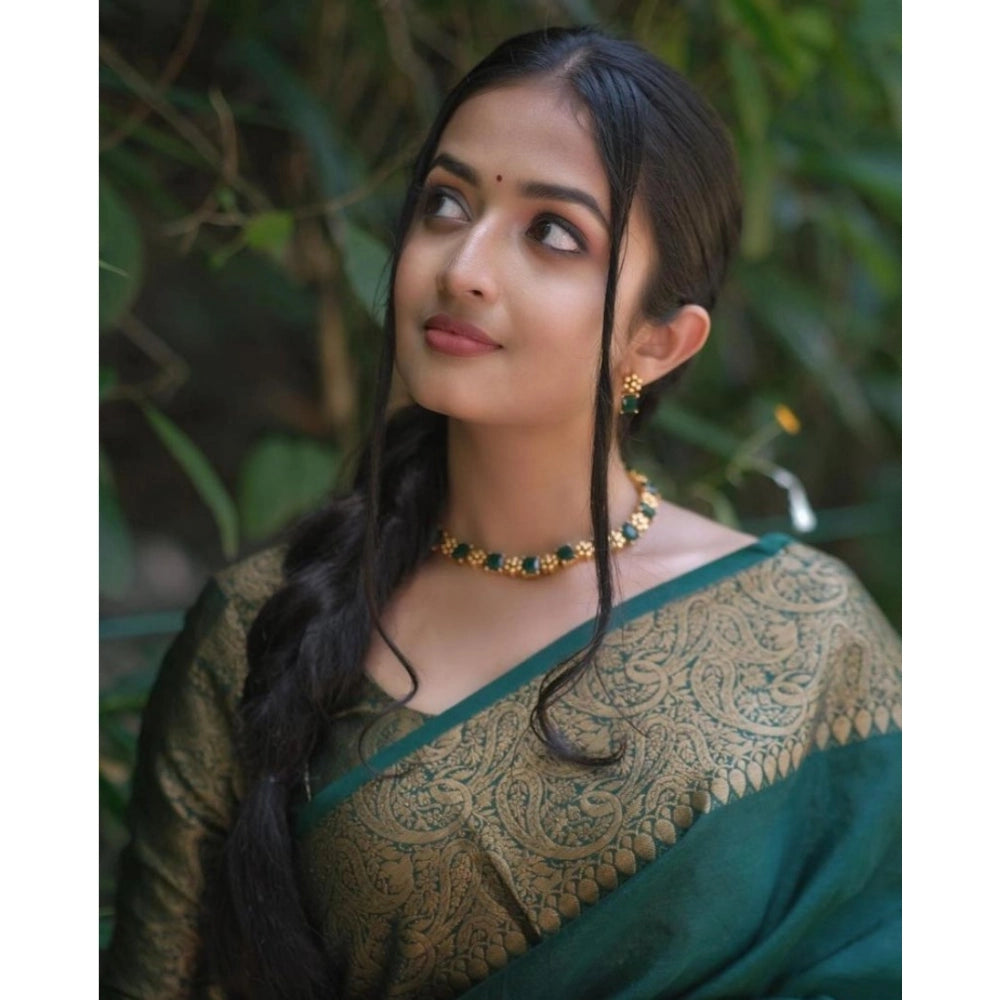 Women's Soft Lichi Silk Solid Saree With Unstitched Blouse 5.5 Mtr (Green)