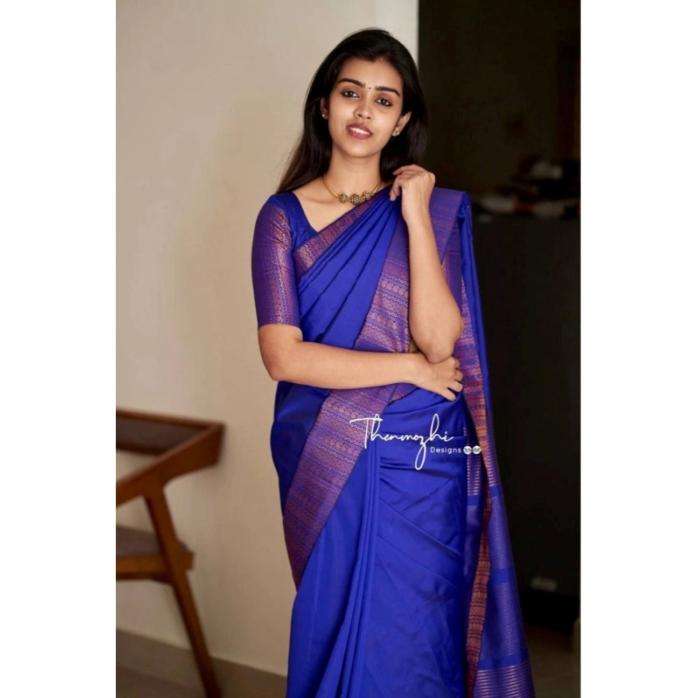 Women's Soft Lichi Silk Solid Saree With Unstitched Blouse 5.5 Mtr (Blue)