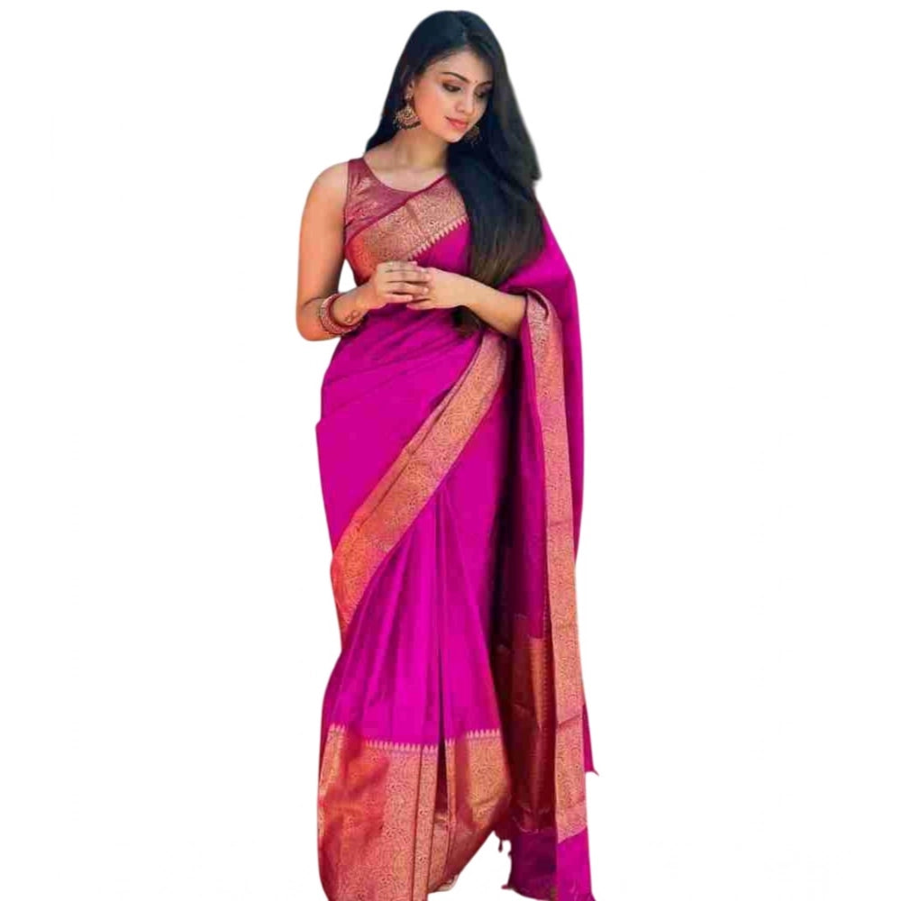 Women's Soft Lichi Silk Solid Saree With Unstitched Blouse 5.5 Mtr (Pink)