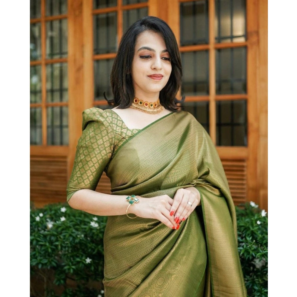 Women's Soft Lichi Silk Printed Saree With Unstitched Blouse 5.5 Mtr (Green)