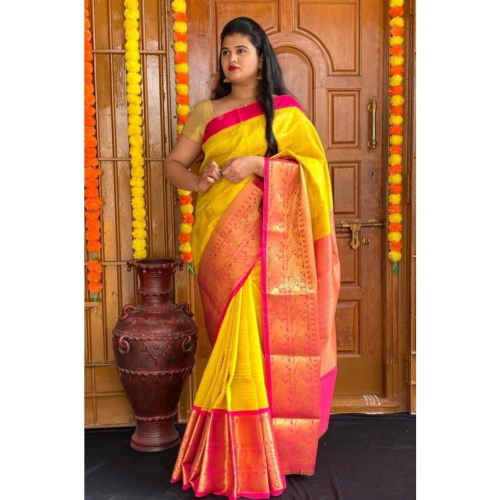 Women's Soft Lichi Silk Printed Saree With Unstitched Blouse 5.5 Mtr (Yellow)