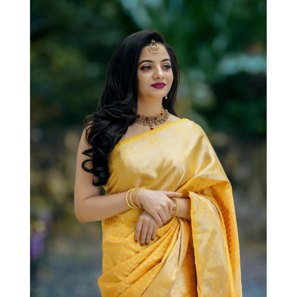 Women's Soft Lichi Silk Printed Saree With Unstitched Blouse 5.5 Mtr (Yellow)