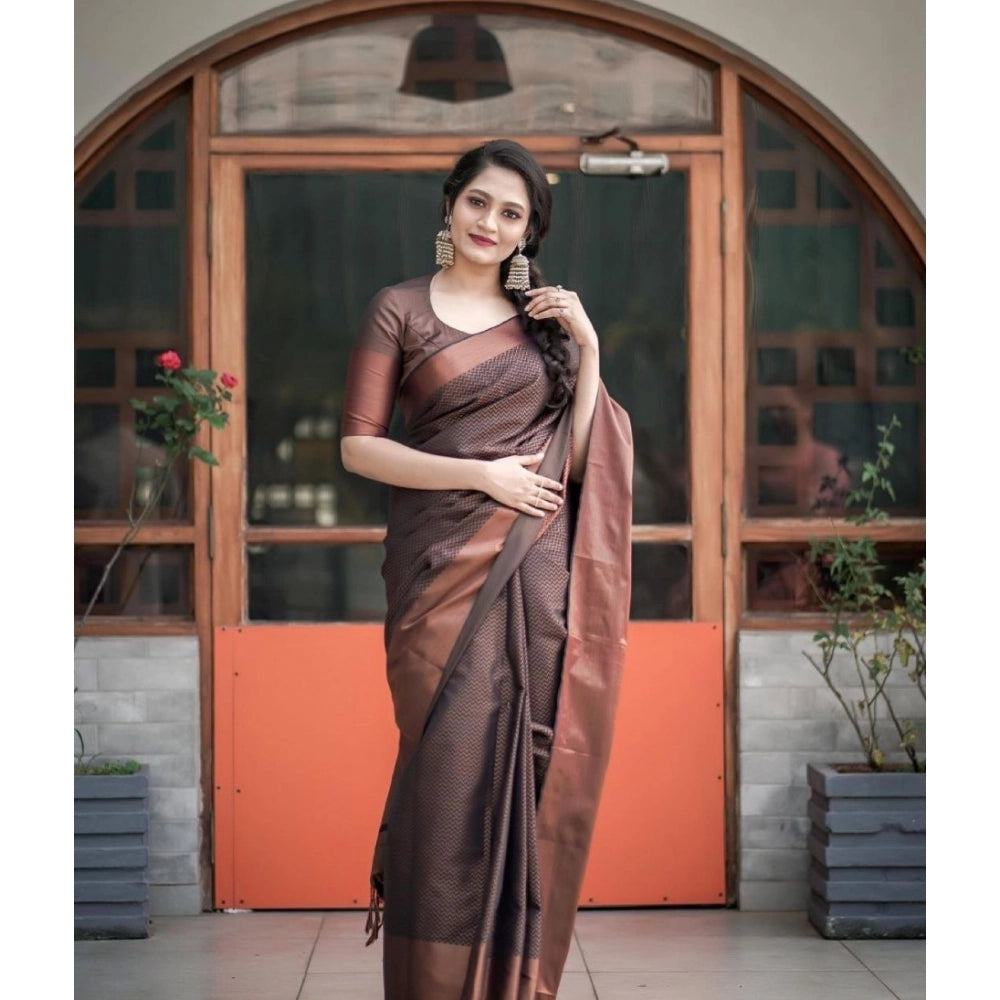 Women's Soft Lichi Silk Printed Saree With Unstitched Blouse 5.5 Mtr (Brown)