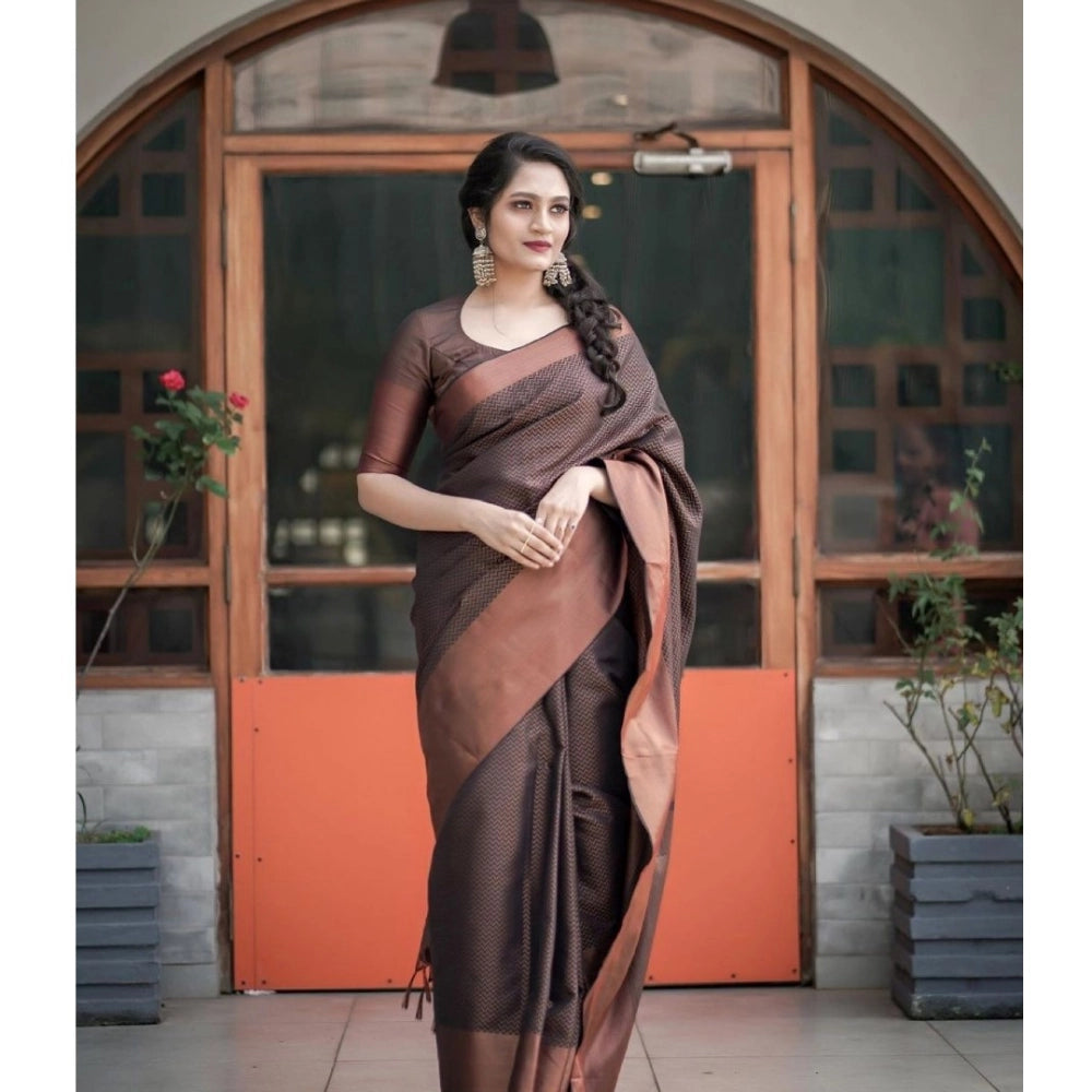 Women's Soft Lichi Silk Printed Saree With Unstitched Blouse 5.5 Mtr (Brown)