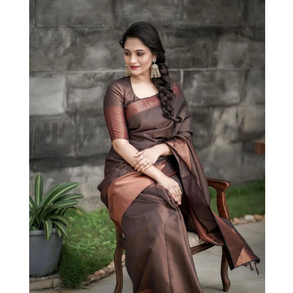 Women's Soft Lichi Silk Printed Saree With Unstitched Blouse 5.5 Mtr (Brown)