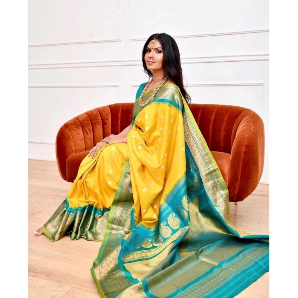 Women's Soft Lichi Silk Printed Saree With Unstitched Blouse 5.5 Mtr (Yellow)