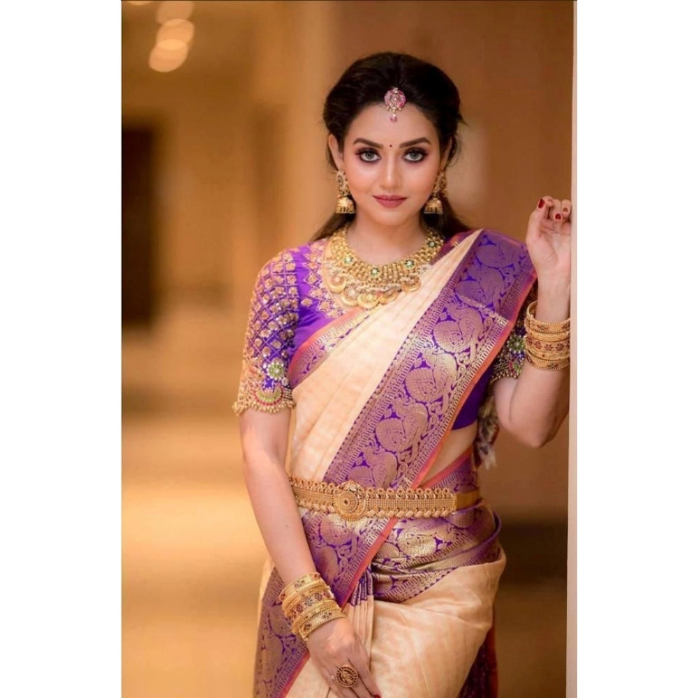 Women's Soft Lichi Silk Printed Saree With Unstitched Blouse 5.5 Mtr (Purple)
