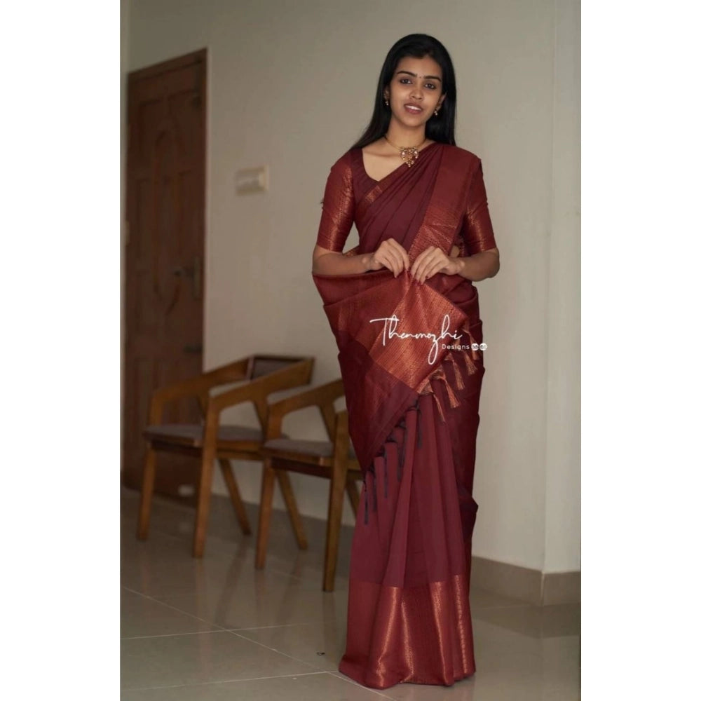Women's Soft Lichi Silk Solid Saree With Unstitched Blouse 5.5 Mtr (Maroon)