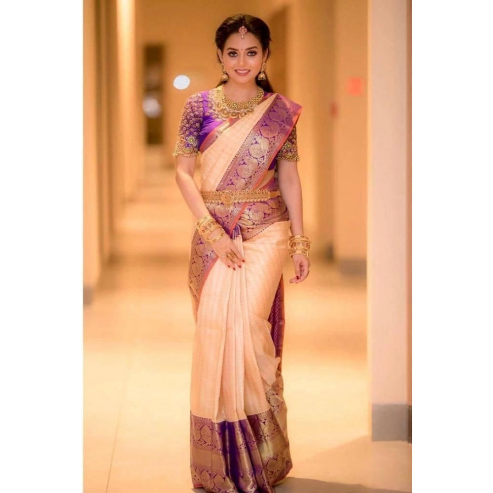 Women's Soft Lichi Silk Printed Saree With Unstitched Blouse 5.5 Mtr (Purple)