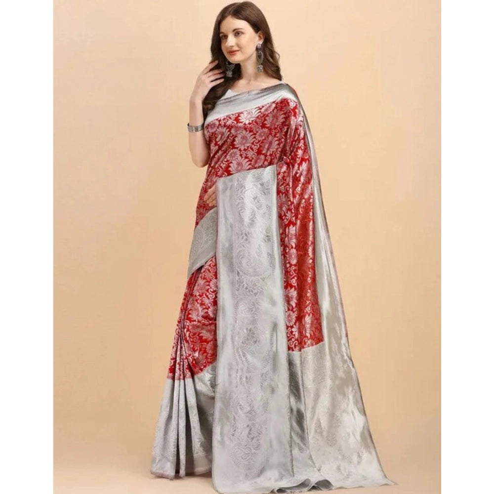 Women's Soft Lichi Silk Printed Saree With Unstitched Blouse 5.5 Mtr (Red)