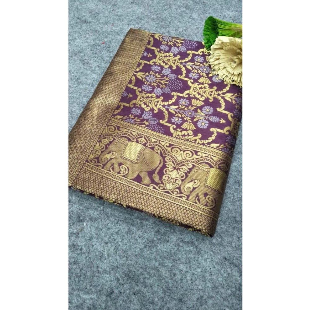 Women's Soft Lichi Silk Printed Saree With Unstitched Blouse 5.5 Mtr (Purple)