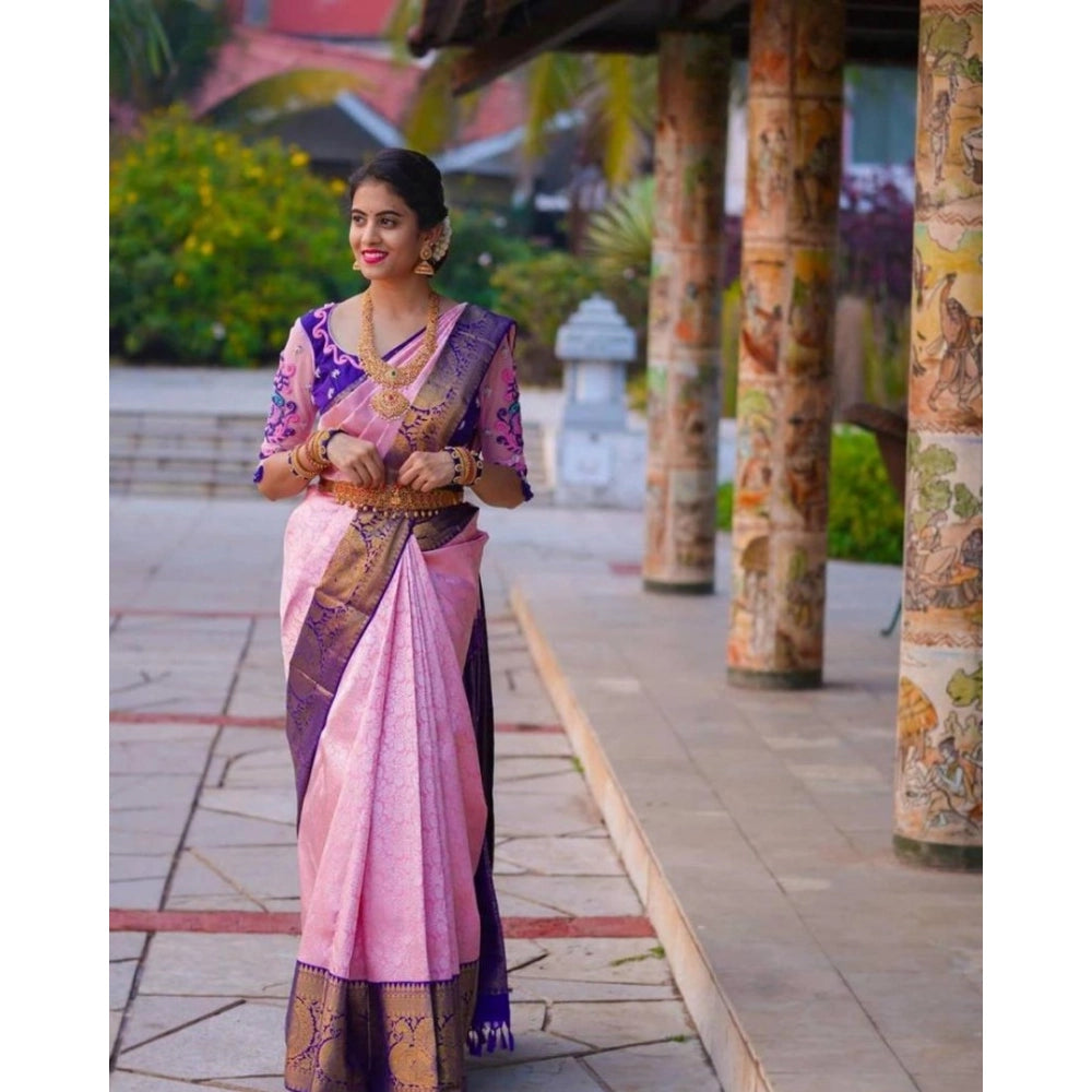 Women's Soft Lichi Silk Printed Saree With Unstitched Blouse 5.5 Mtr (Purple)