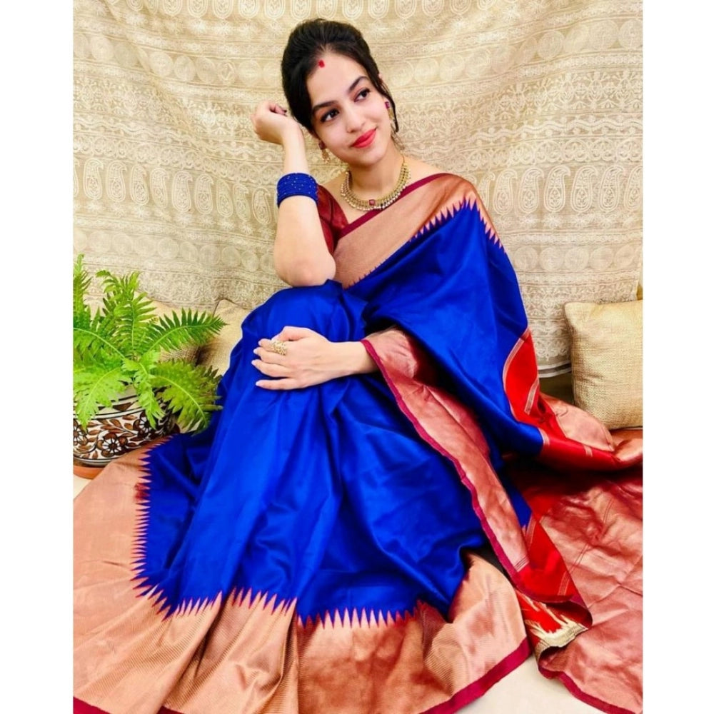 Women's Soft Lichi Silk Solid Saree With Unstitched Blouse 5.5 Mtr (Blue)