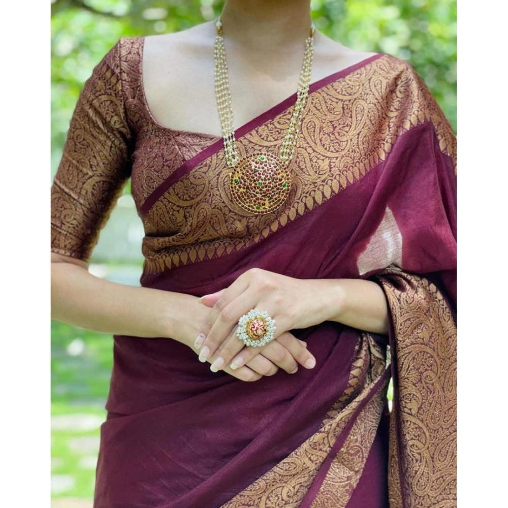 Women's Soft Lichi Silk Solid Saree With Unstitched Blouse 5.5 Mtr (Maroon)