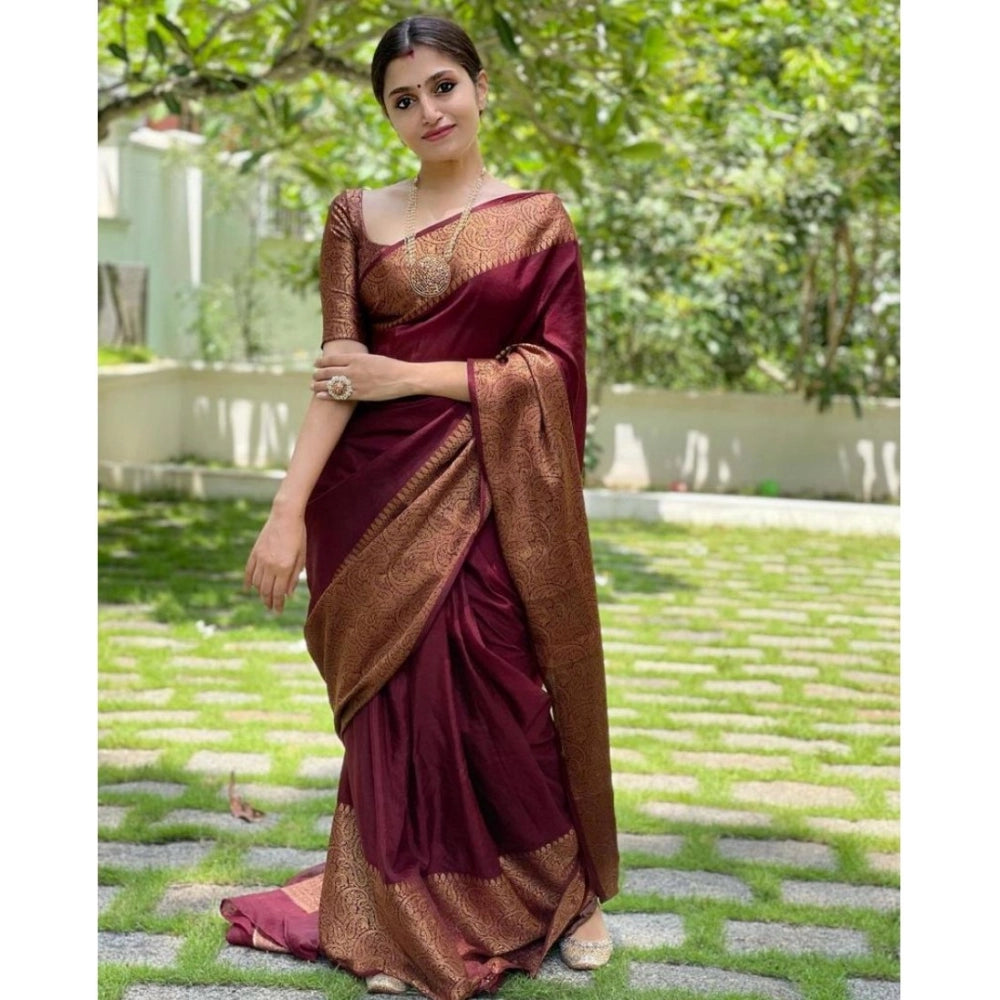 Women's Soft Lichi Silk Solid Saree With Unstitched Blouse 5.5 Mtr (Maroon)