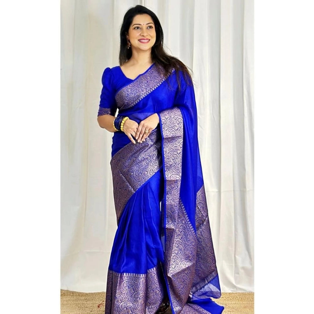 Women's Soft Lichi Silk Solid Saree With Unstitched Blouse 5.5 Mtr (Blue)