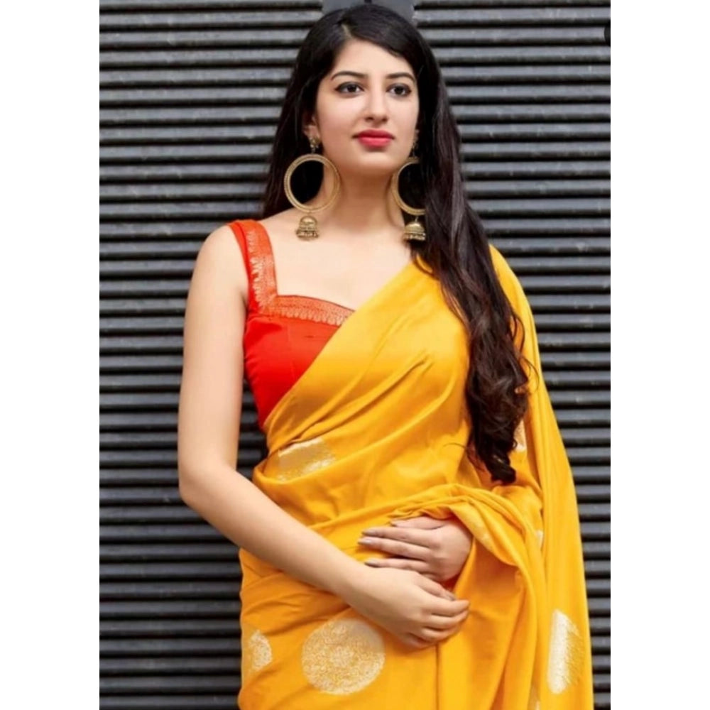 Women's Soft Lichi Silk Printed Saree With Unstitched Blouse 5.5 Mtr (Yellow)