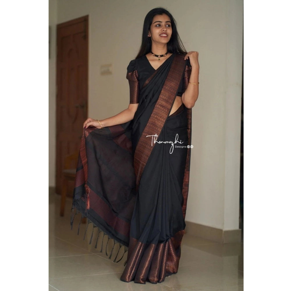 Women's Soft Lichi Silk Solid Saree With Unstitched Blouse 5.5 Mtr (Black)