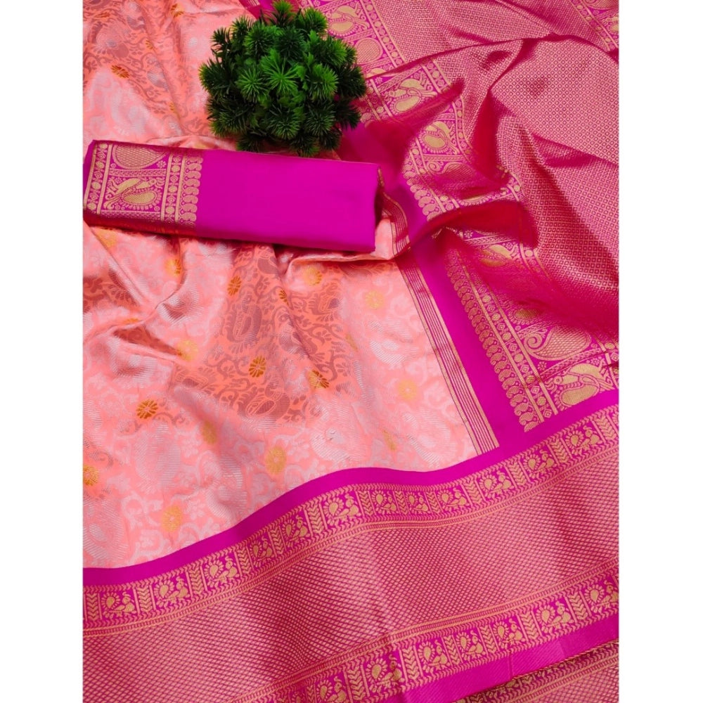Women's Soft Lichi Silk Printed Saree With Unstitched Blouse 5.5 Mtr (Pink)