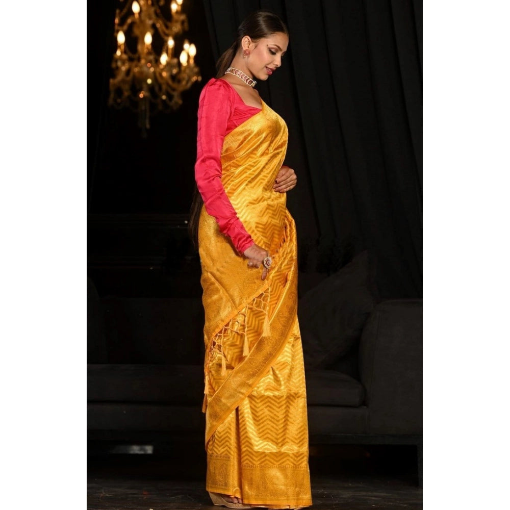 Women's Soft Lichi Silk Woven Saree With Unstitched Blouse 5.5 Mtr (Yellow)